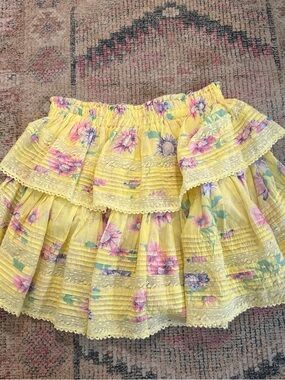 LoveShackFancy Yellow Floral Tiered Ruffle Mini Skirt